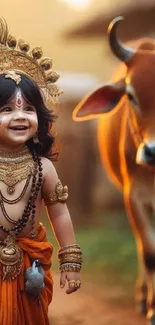 Vibrant scene of a joyful child in traditional attire with a sacred cow.