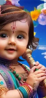 Divine child holding flute under blue sky with colorful flowers.