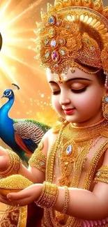 Divine child in gold attire with peacock, radiating spiritual beauty.