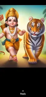 Young deity with bow and tiger in a vibrant jungle setting.