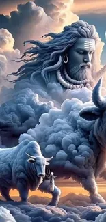 Celestial deity among clouds with sky background.