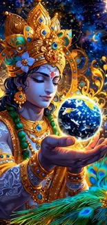 Divine deity holds glowing earth in colorful cosmic wallpaper.