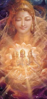 Divine female figure with cosmic background in golden hues.