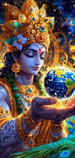 Deity holding Earth with intricate, colorful cosmic backdrop.