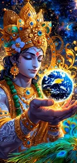 Divine being holding Earth in a vibrant cosmic scene with intricate details.