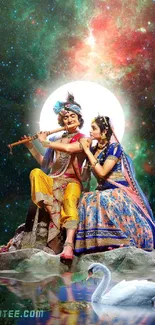 Divine couple under a cosmic night sky with a full moon.