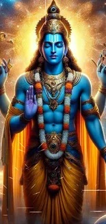 Colorful depiction of a divine cosmic deity with celestial backgrounds.