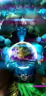 Mystical blue figure holds earth sphere with radiant colors.