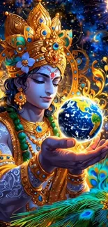 Divine figure holding Earth with vibrant cosmic background.