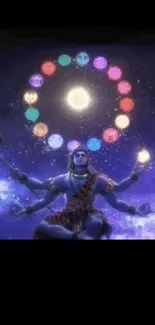 Multi-armed figure in cosmic meditation with celestial symbols.