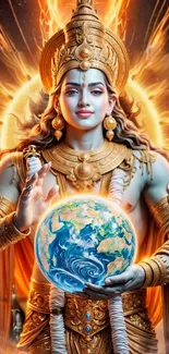 Divine deity holding Earth with golden cosmic energy.