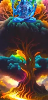 Colorful cosmic tree with spiritual figure.