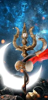 Divine cosmic trishul with moon and red fabric in a mystical blue setting.