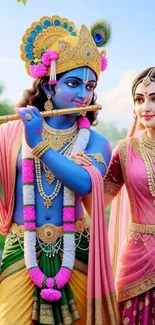 Artistic depiction of a divine couple, Krishna and Radha, in vibrant colors.