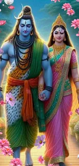 Divine couple walking amidst pink flowers in spiritual art.