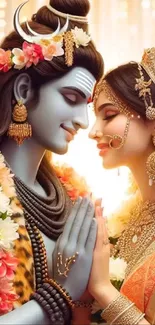 Divine couple adorned with flowers in vibrant mobile wallpaper.