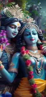 Divine couple surrounded by vibrant flowers in a spiritual artwork.