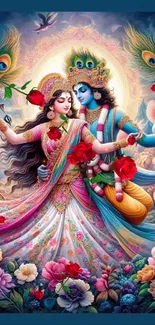 Divine couple surrounded by vibrant flowers, peacocks, and rich colors.