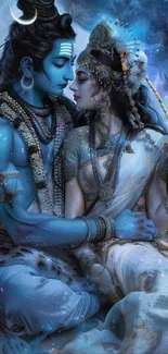 Mythical art of a divine couple in celestial blue hues.