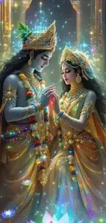Enchanting fantasy art of a divine couple glowing in gold and colorful attire.