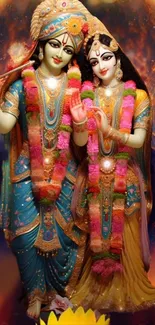 Colorful Radha Krishna mobile wallpaper, depicting divine art.