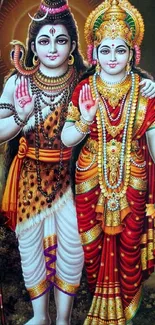 Hindu divine couple in traditional attire with vibrant colors and spiritual aura.