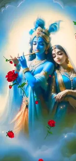 Divine couple in a serene, heavenly scene with blue tones and red roses.