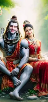 Vibrant depiction of Lord Shiva and Goddess Parvati sitting together.