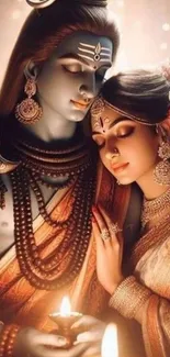 Divine couple in traditional art embracing a spiritual atmosphere.