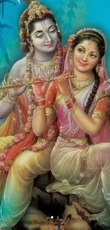 Divine couple playing flute in serene nature scene.