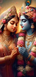 Divine couple adorned with floral garlands in a vibrant artwork for mobile wallpaper.