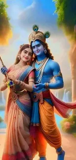 Divine couple in colorful attire with scenic background.