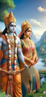 Divine couple in a vibrant, mythical landscape with mountains and greenery.