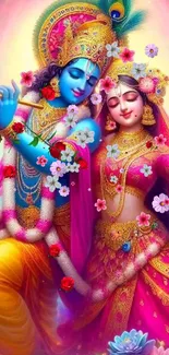 Colorful depiction of Hindu deities with vibrant flowers.