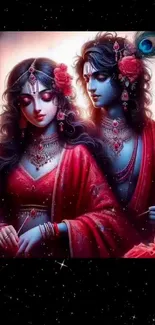 Divine couple in traditional attire with a celestial background.