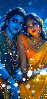 Divine couple under a moonlit sky with vibrant and mystical colors.