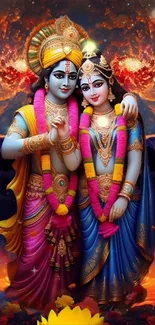 Colorful deity couple with garlands.