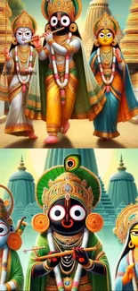 Colorful depiction of divine deities in a temple setting for mobile wallpaper.