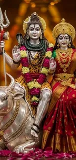 Divine deities adorned with garlands and traditional attire.