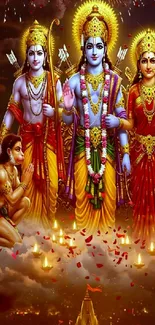 Divine deities in colorful outfits surrounded by vibrant lights.