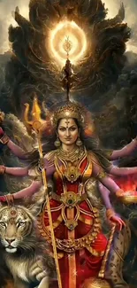 Vibrant deity image with tiger and divine aura.