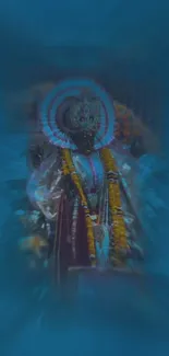 A divine deity adorned with marigold garlands against a blue aura.