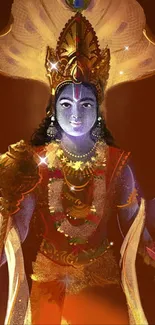 Divine Hindu deity in vibrant attire, holding symbols of peace.