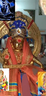 Gold deity statue with intricate designs and vibrant colors in a serene setting.