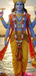 Divine deity standing by the river at sunset in vivid colors.