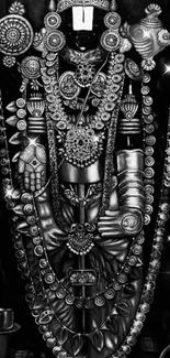 Black and white divine deity image with intricate details.