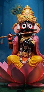 Divine deity playing flute on lotus.