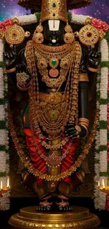 Divine deity adorned with gold jewelry and vibrant flowers.