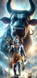 Divine deity and sacred bull with mystical aura.