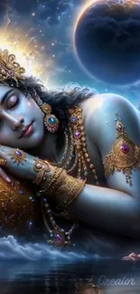 Sleeping deity with celestial background and vibrant colors.